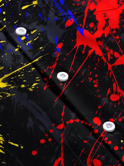 Adaychic Men's Black Graphic Abstract Paint Splatter Print Short Sleeve Button Down Shirt with Chest Pocket