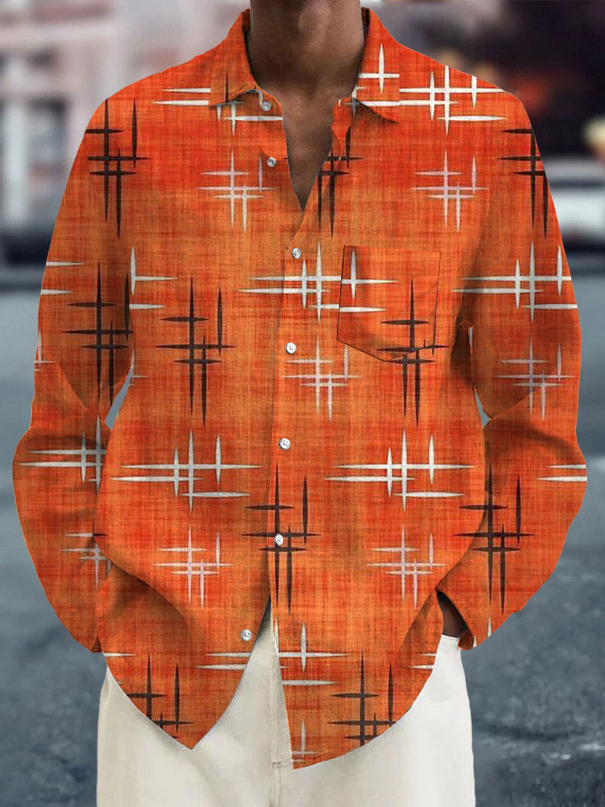 Men's casual long sleeve geometric print shirt front view