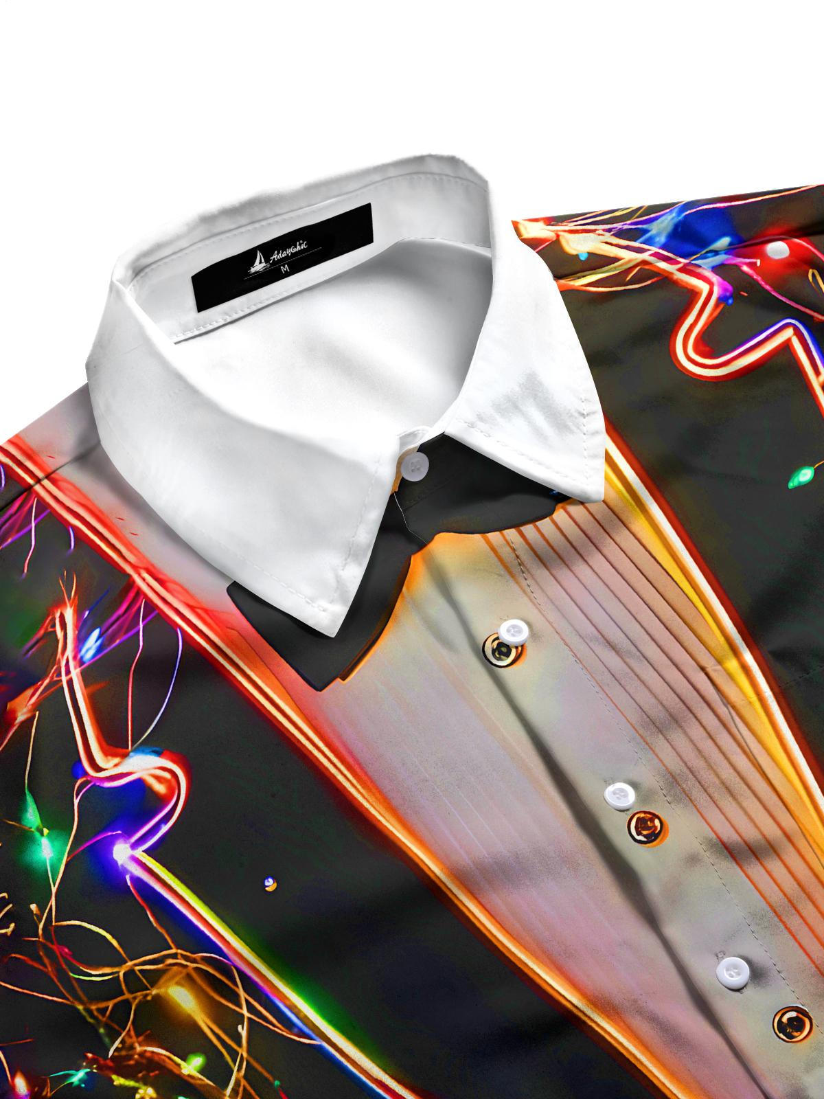 Men's long sleeve shirt with fairy lights bow tie pattern, side view