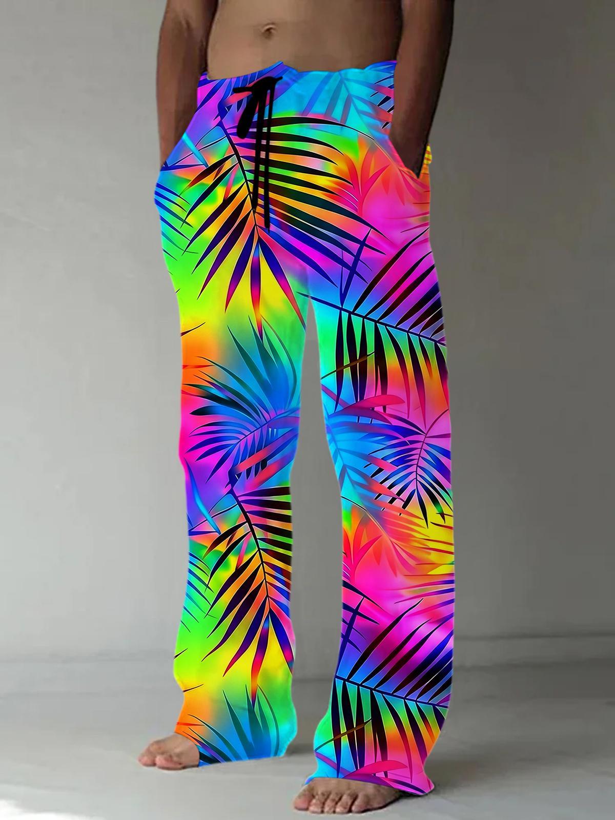 Adaychic Men's Rainbow Tropical Palm Print Pants with Pockets