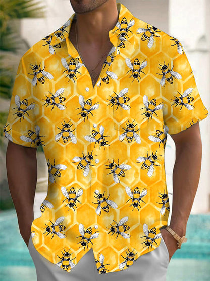 Adaychic Bee Honeycomb Pattern Print Short Sleeve Matching Couple Shirts with Chest Pocket