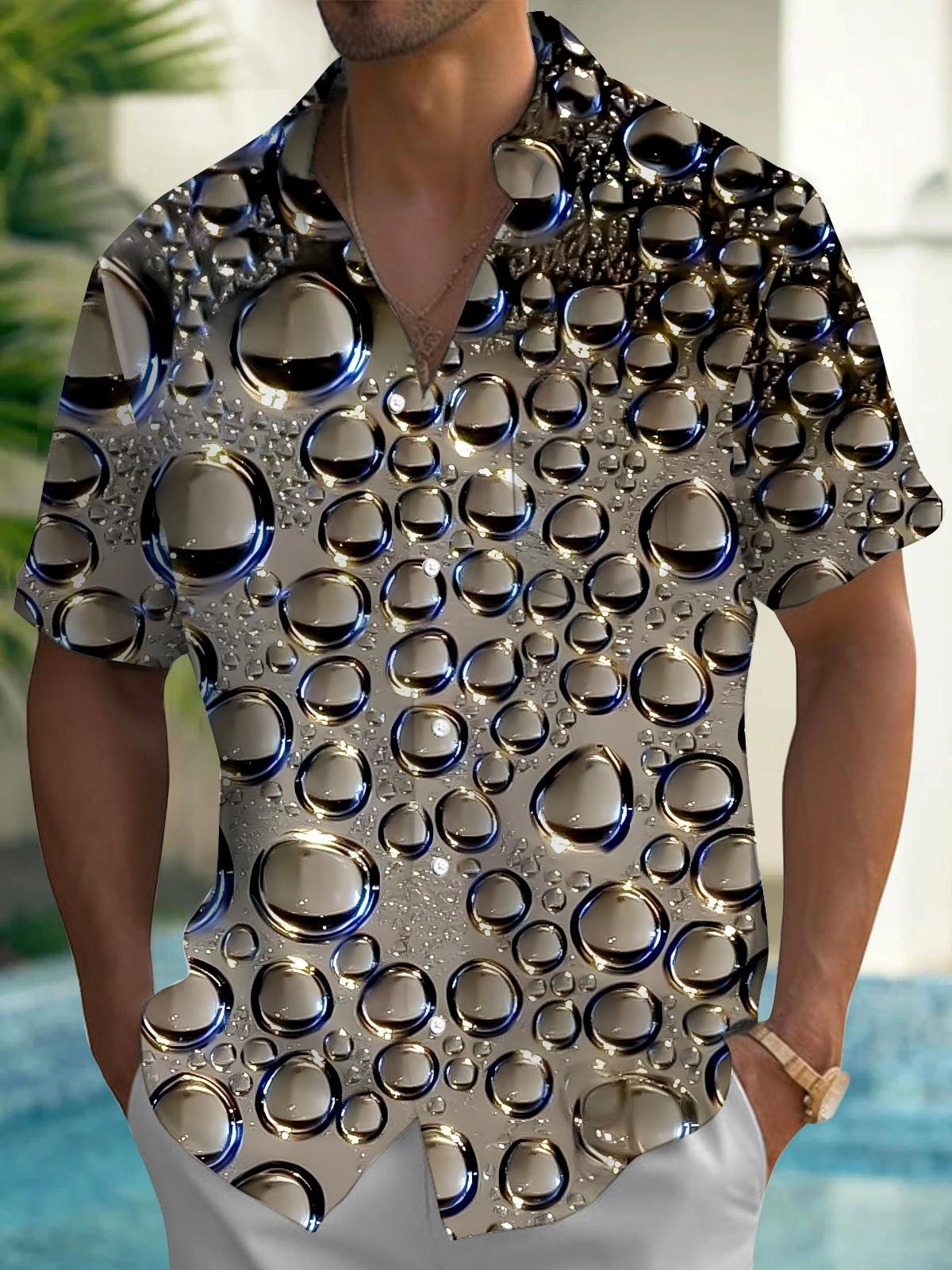 Adaychic Men's Graphic 3D Water Drop Print Short Sleeve Button Down Shirt with Chest Pocket