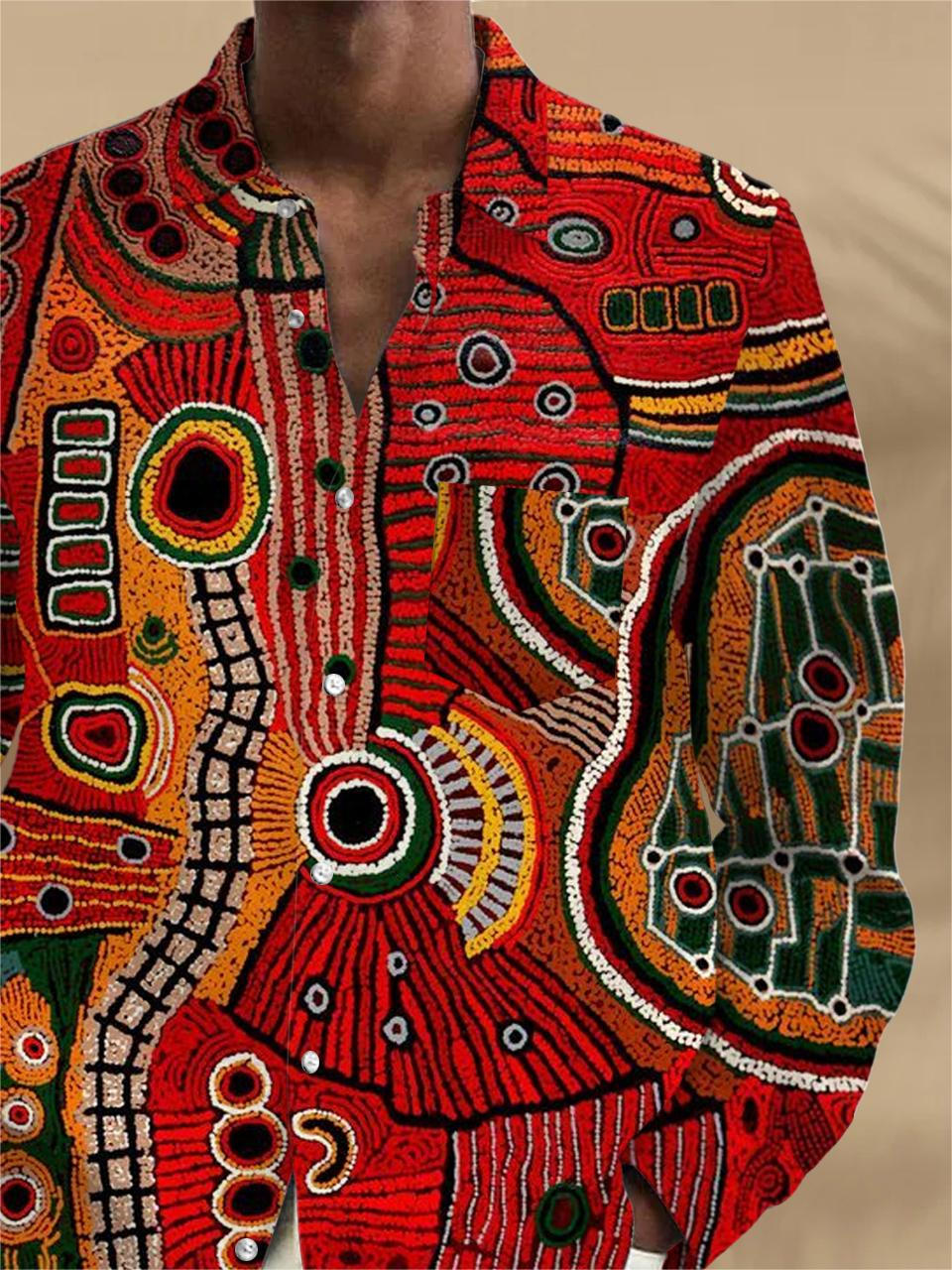 Men's abstract print long sleeve shirt back view with pocket