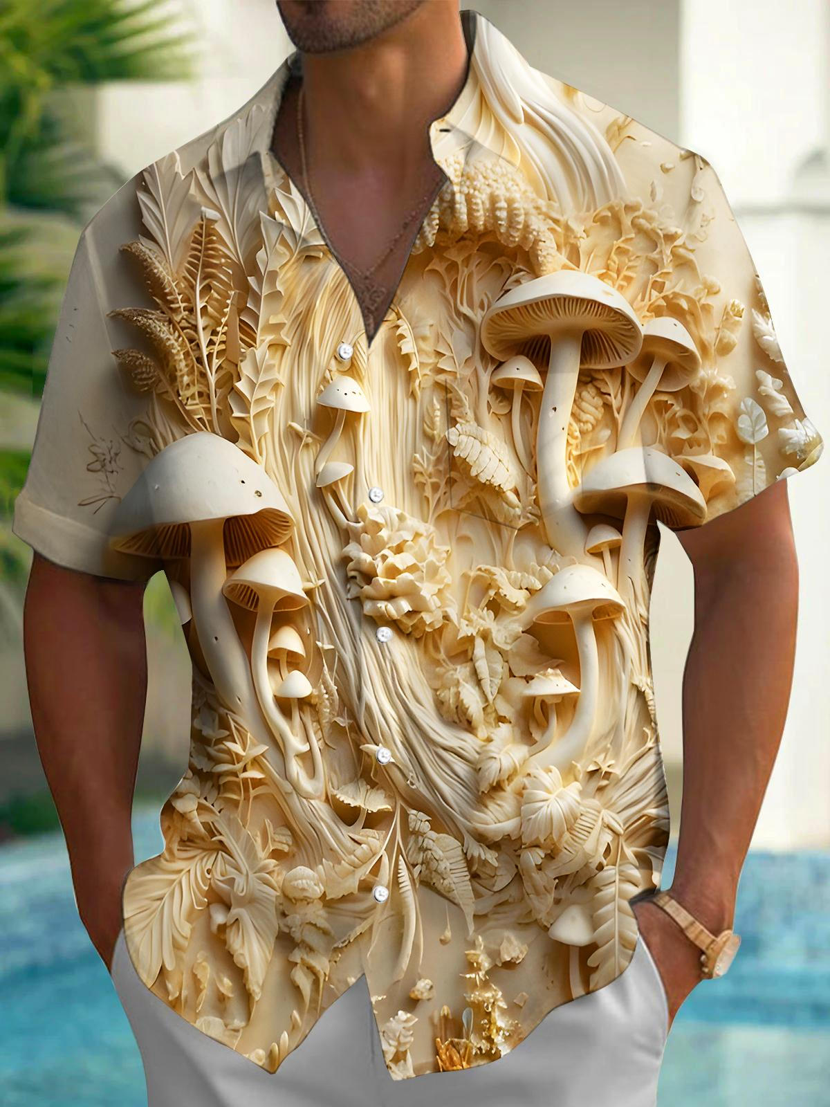 Adaychic Men's Graphic 3D Mushroom Relief Print Short Sleeve Button Down Shirt with Chest Pocket