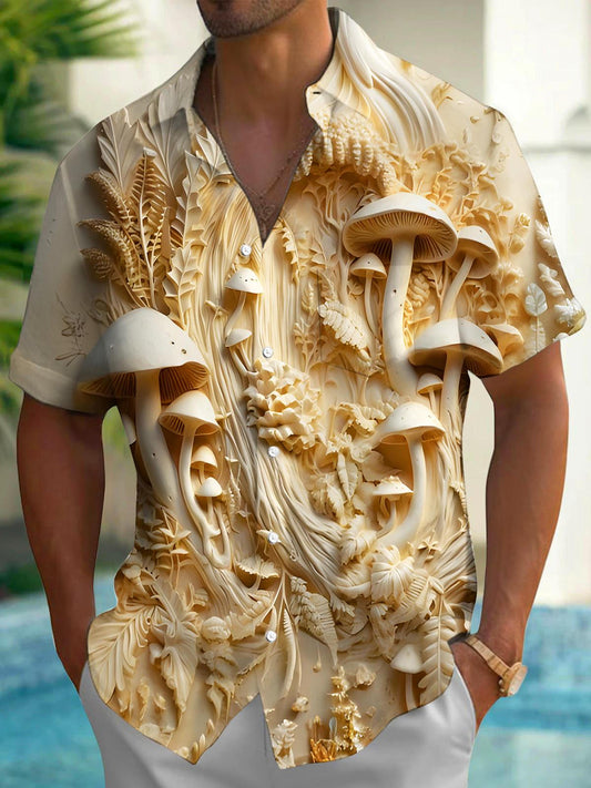Adaychic Men's Graphic 3D Mushroom Relief Print Short Sleeve Button Down Shirt with Chest Pocket