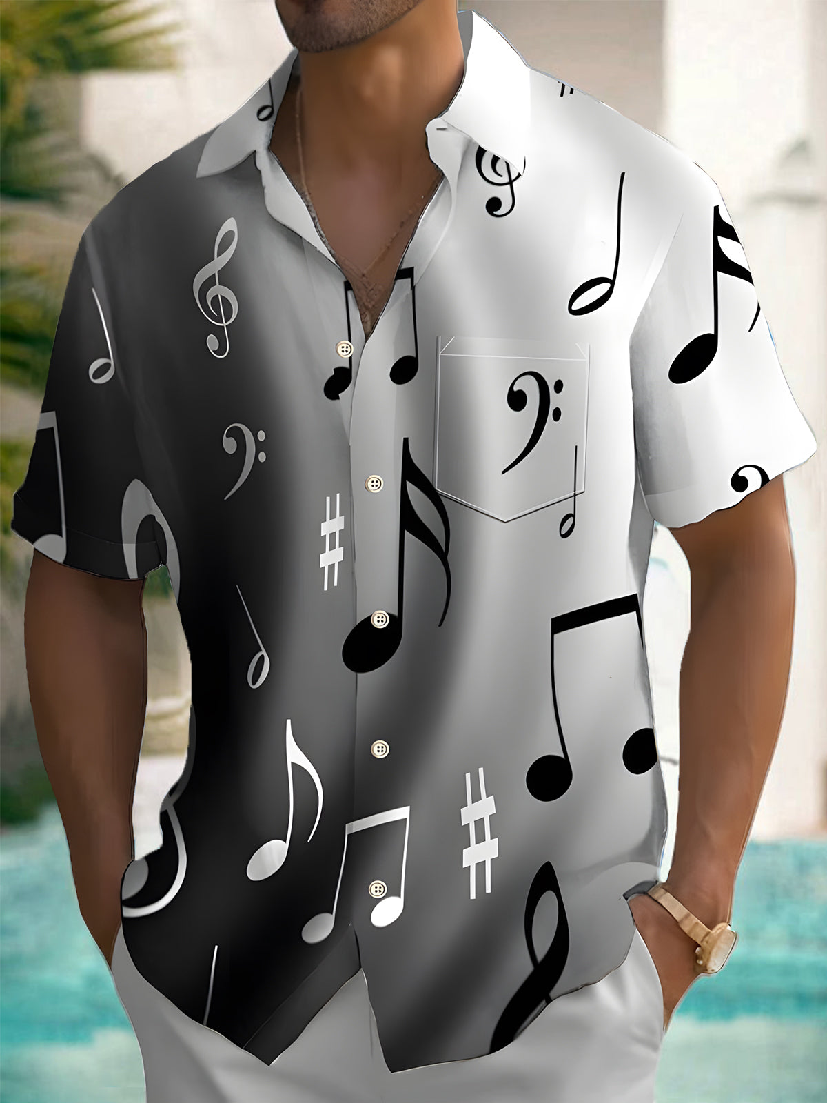 Adaychic Men's Graphic Musical Notes Gradient Print Short Sleeve Button Down Shirt with Chest Pocket