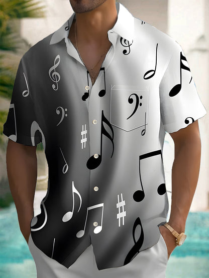 Adaychic Men's Graphic Musical Notes Gradient Print Short Sleeve Button Down Shirt with Chest Pocket