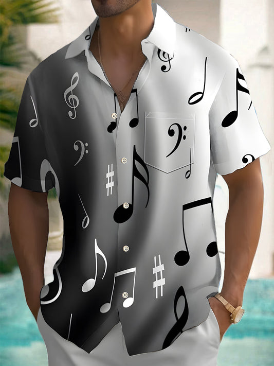 Adaychic Men's Graphic Musical Notes Gradient Print Short Sleeve Button Down Shirt with Chest Pocket