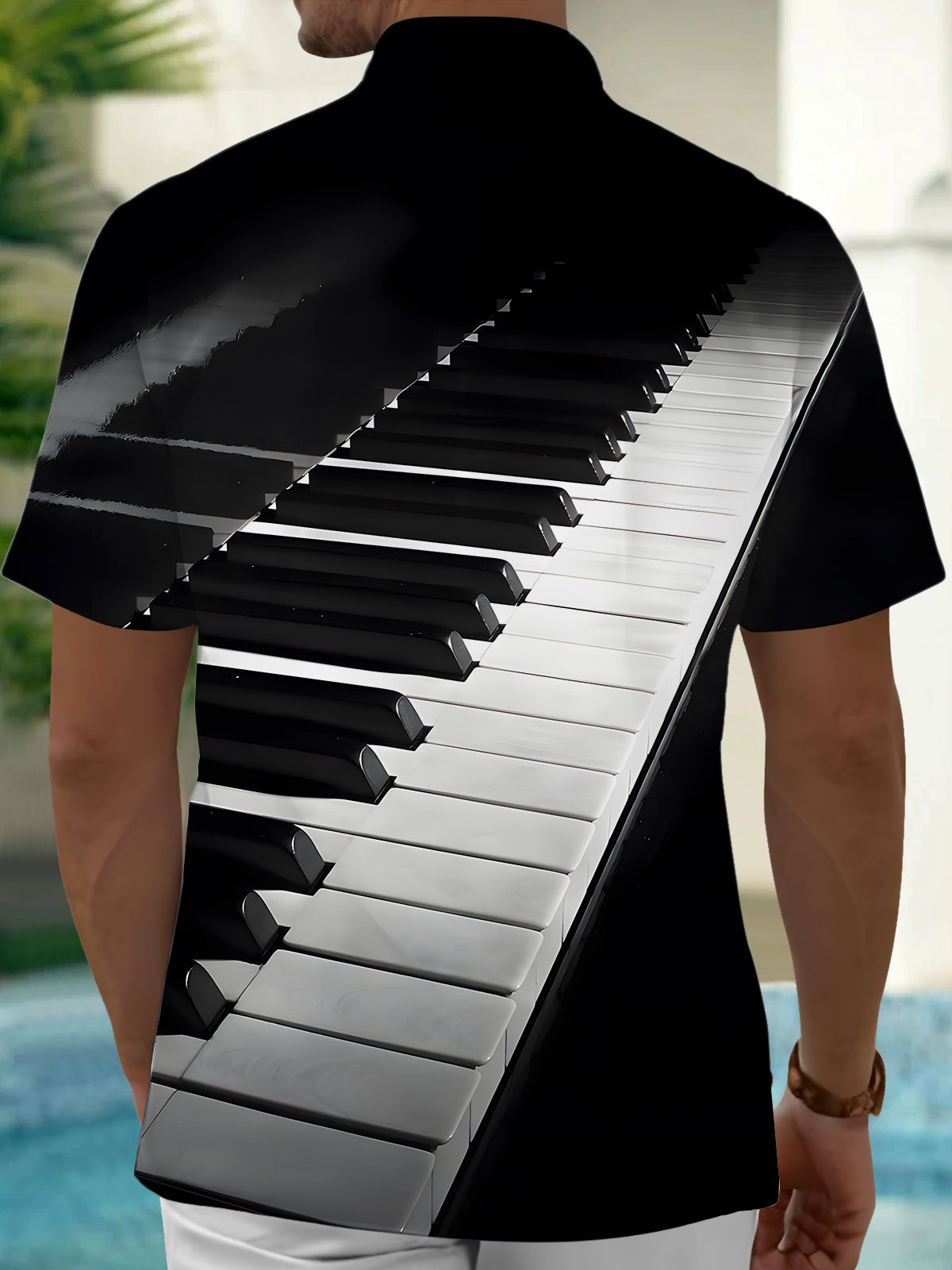 Adaychic Men's Graphic 3D Piano Keys Print Short Sleeve Button Down Shirt with Chest Pocket