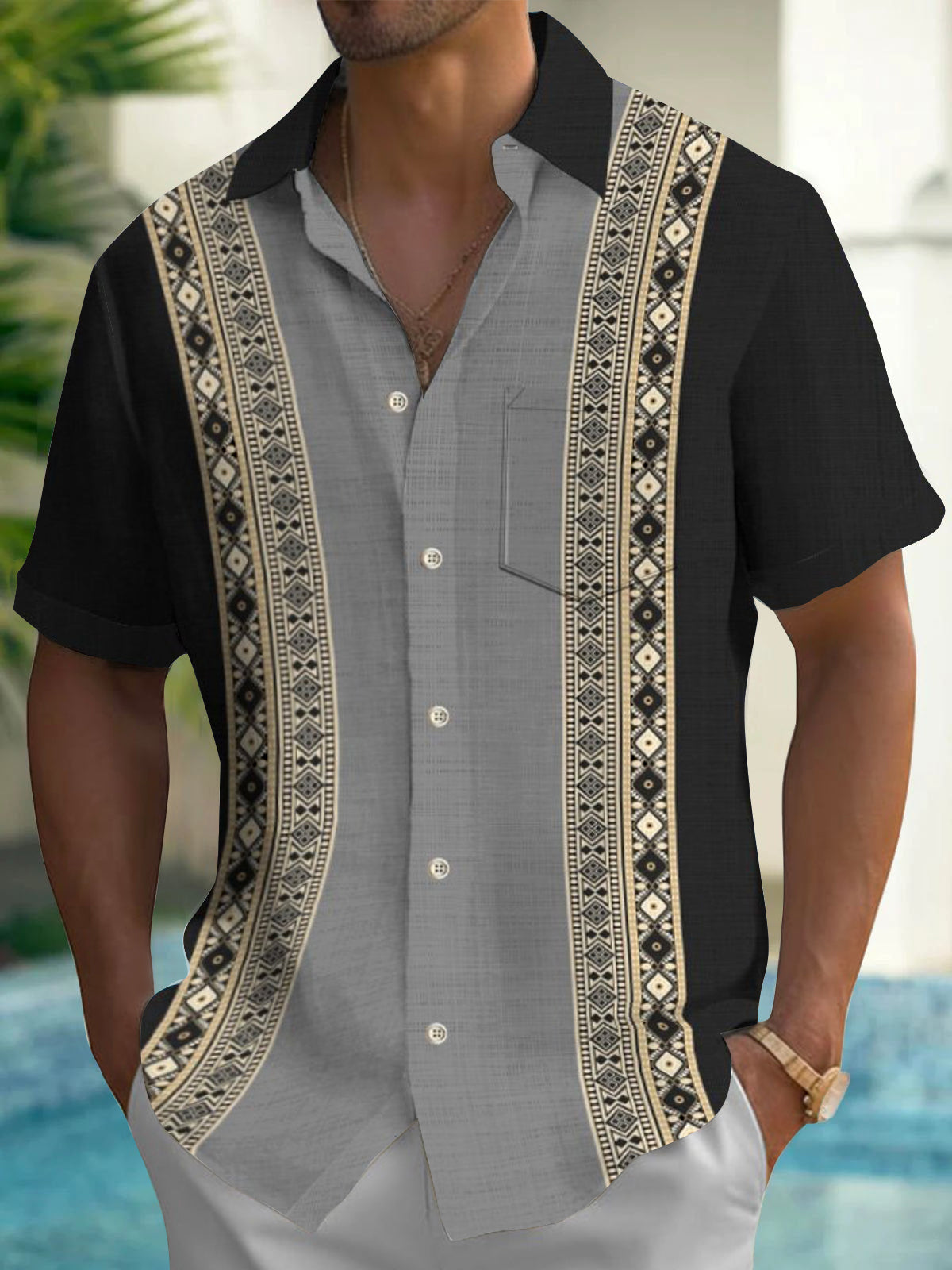 Adaychic Men's Geometric Tribal Panel Print Short Sleeve Button Down Shirt with Chest Pocket
