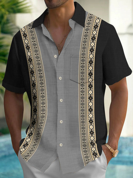 Adaychic Men's Geometric Tribal Panel Print Short Sleeve Button Down Shirt with Chest Pocket