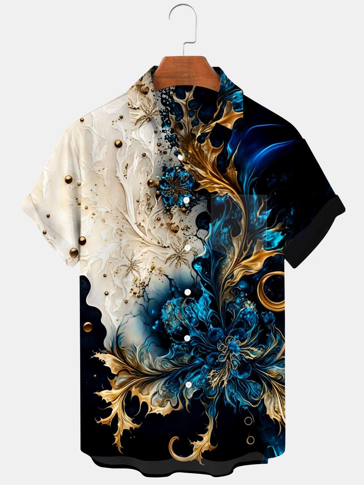 Adaychic Men's Graphic Abstract Fluid Swirl Print Short Sleeve Button Down Shirt with Chest Pocket