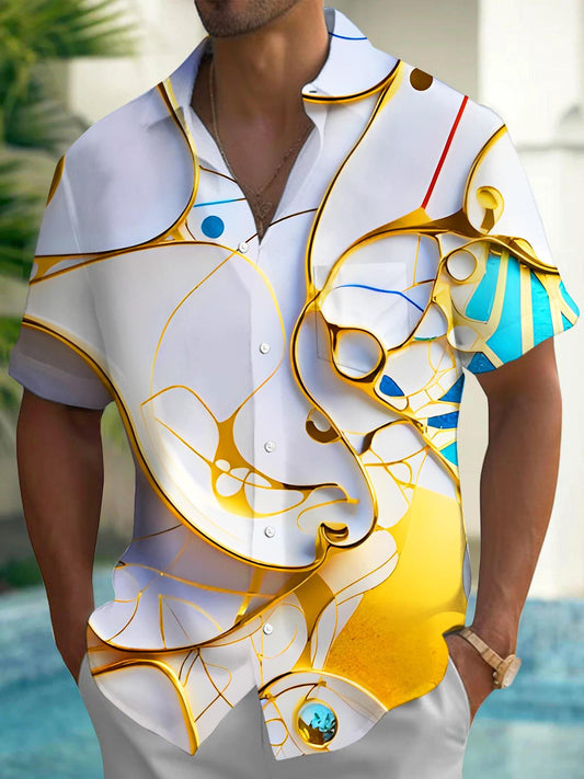 Adaychic Abstract Gold Swirl Print Short Sleeve Matching Couple Shirts with Chest Pocket