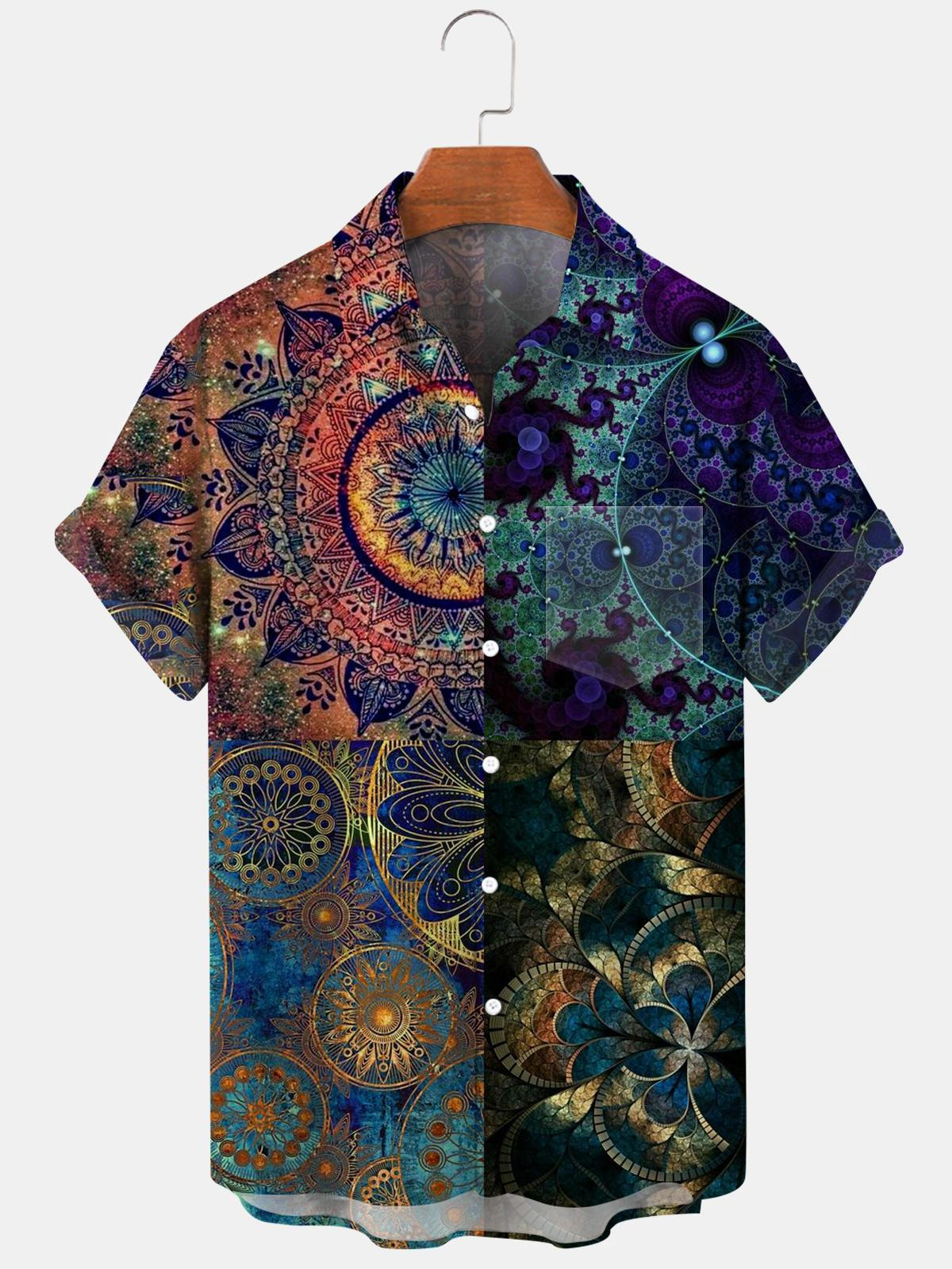 Adaychic Men's Graphic Geometric Abstract Fractal Mandala Print Short Sleeve Button Down Shirt with Chest Pocket