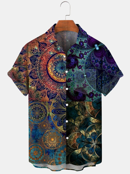 Adaychic Men's Graphic Geometric Abstract Fractal Mandala Print Short Sleeve Button Down Shirt with Chest Pocket