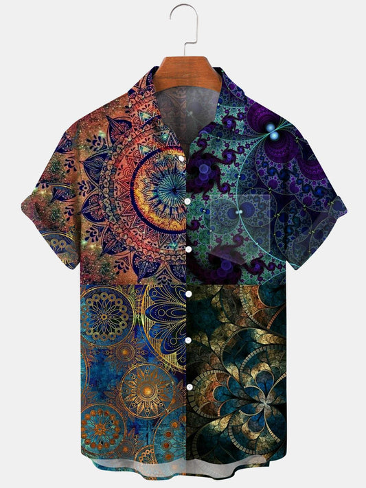 Adaychic Men's Graphic Geometric Abstract Fractal Mandala Print Short Sleeve Button Down Shirt with Chest Pocket