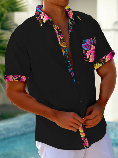 Adaychic Men's Hawaiian Tropical Floral Contrast Print Short Sleeve Button Down Shirt with Chest Pocket