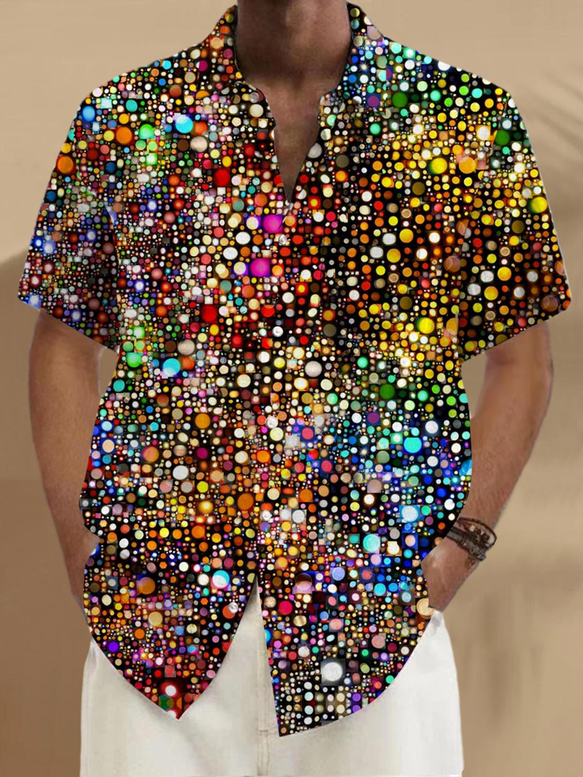 Adaychic Men's Graphic Geometric Colorful Circle Mosaic Print Short Sleeve Button Down Shirt with Chest Pocket