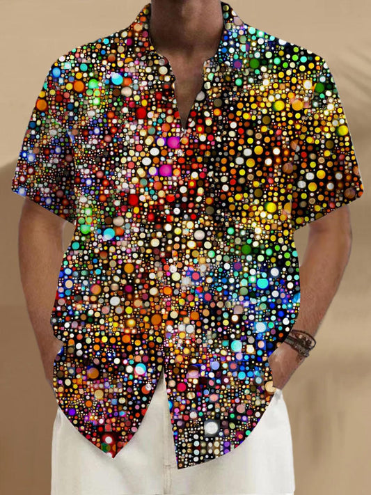 Adaychic Men's Graphic Geometric Colorful Circle Mosaic Print Short Sleeve Button Down Shirt with Chest Pocket