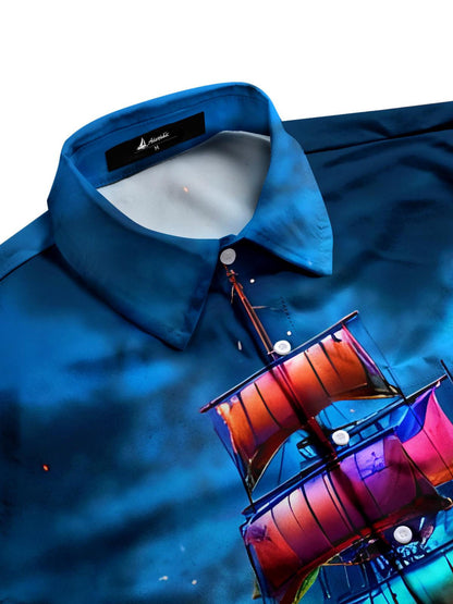 Adaychic Men's Colorful Sailing Ship Graphic Print Short Sleeve Button Down Shirt with Chest Pocket