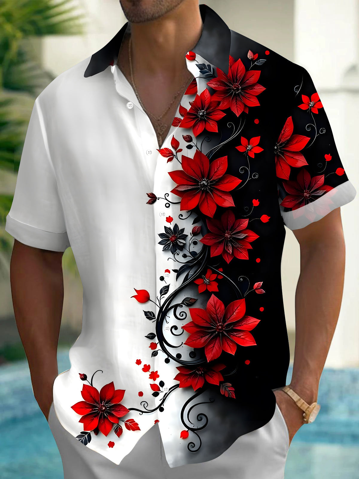 Adaychic Men's Red Flower Black White Print Short Sleeve Button Down Shirt with Chest Pocket