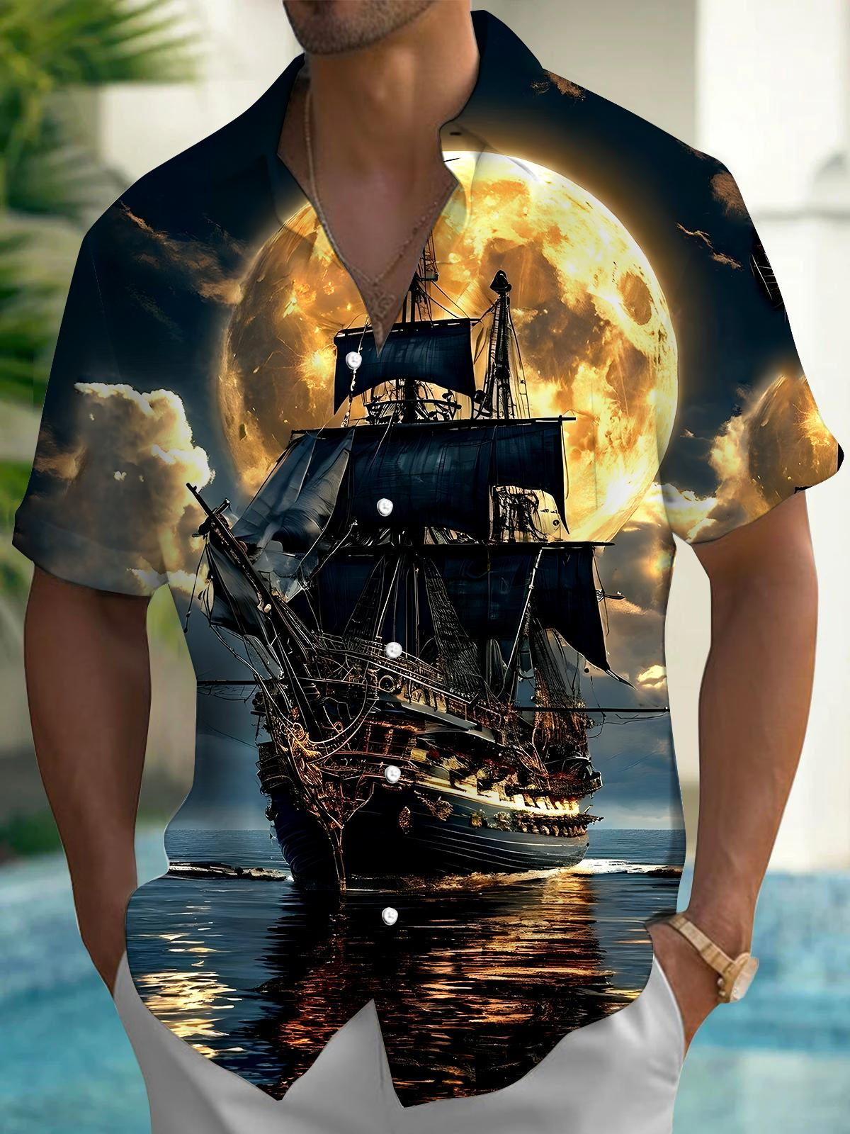 Adaychic Men's Graphic 3D Pirate Ship Moon Print Short Sleeve Button Down Shirt with Chest Pocket