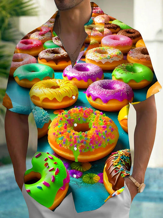 Adaychic Men's Graphic 3D Colorful Donut Pattern Print Short Sleeve Button Down Shirt with Chest Pocket