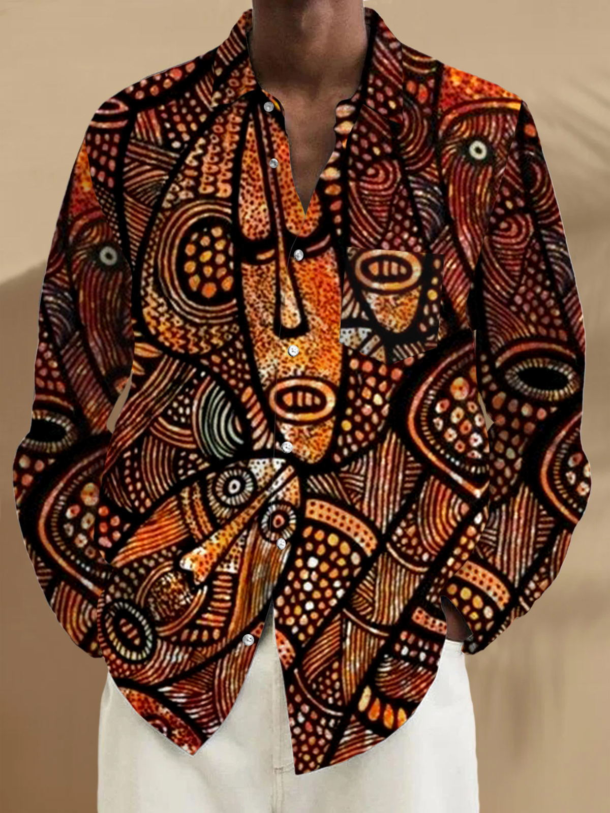 Men's abstract face print long sleeve shirt front view