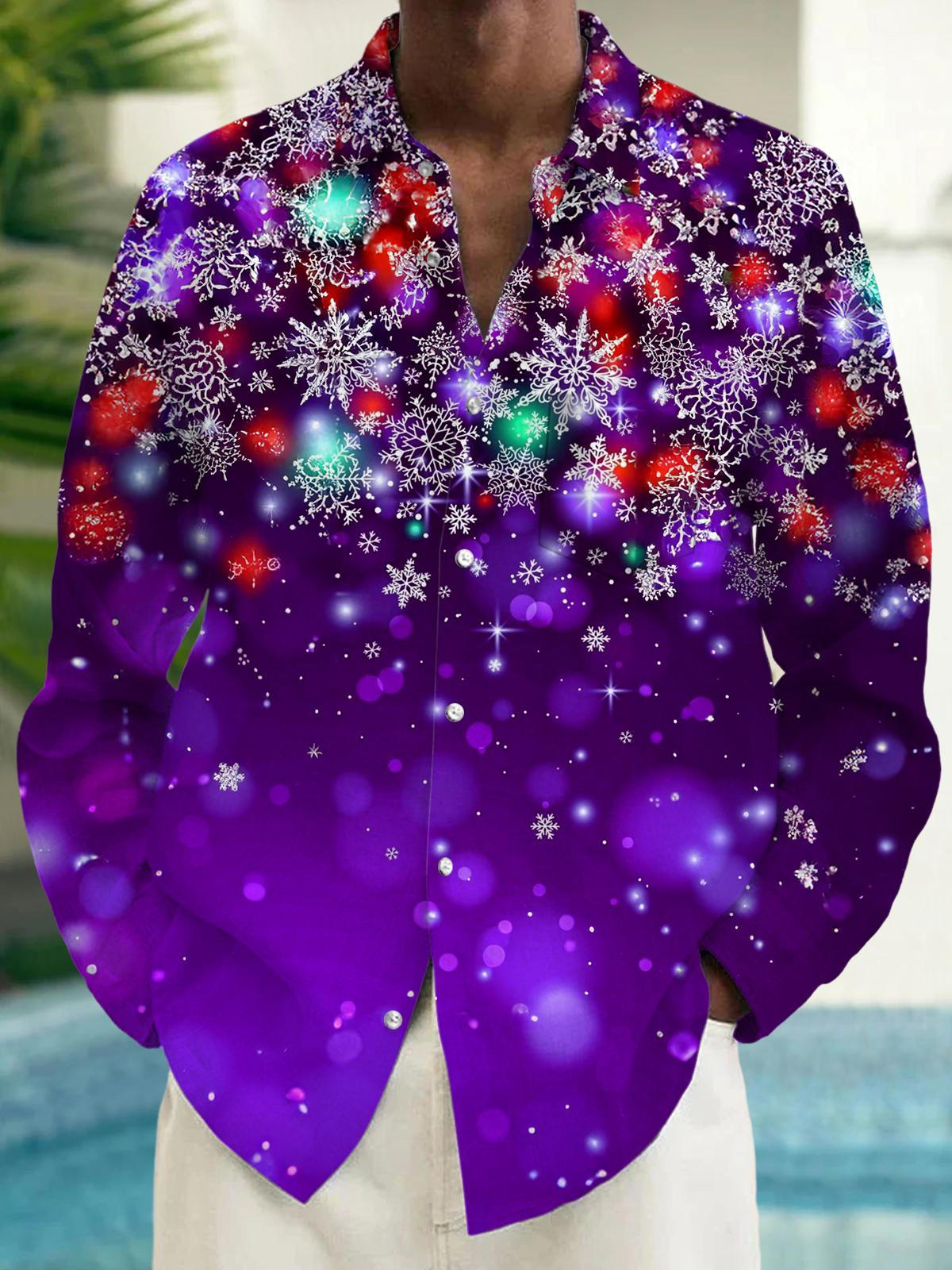 Men's Christmas snowflake pocket long sleeve shirt front view for holiday party