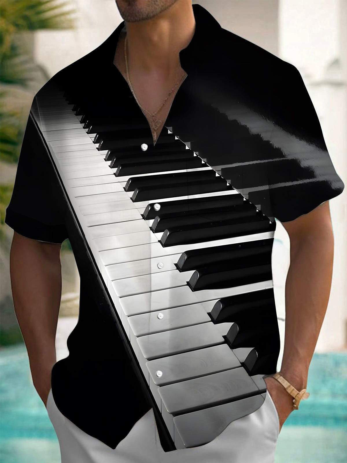 Adaychic Men's Graphic 3D Piano Keys Print Short Sleeve Button Down Shirt with Chest Pocket