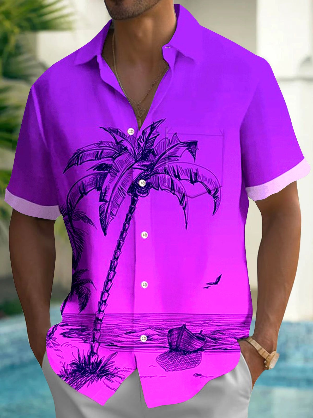 Adaychic Men's Graphic Tropical Palm Tree Beach Print Short Sleeve Button Down Shirt with Chest Pocket