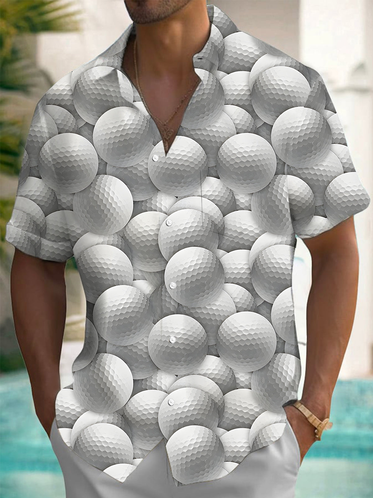 Adaychic Men's Graphic 3D Golf Ball Pattern Print Short Sleeve Button Down Shirt with Chest Pocket