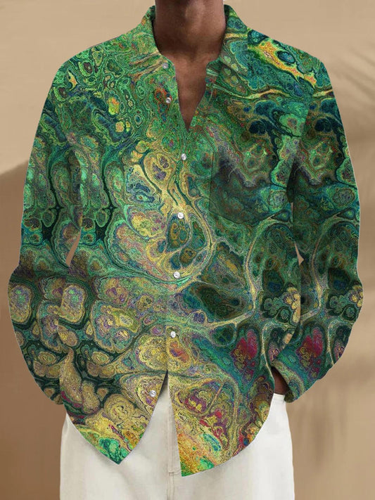 Men's abstract print long sleeve shirt with pocket front view