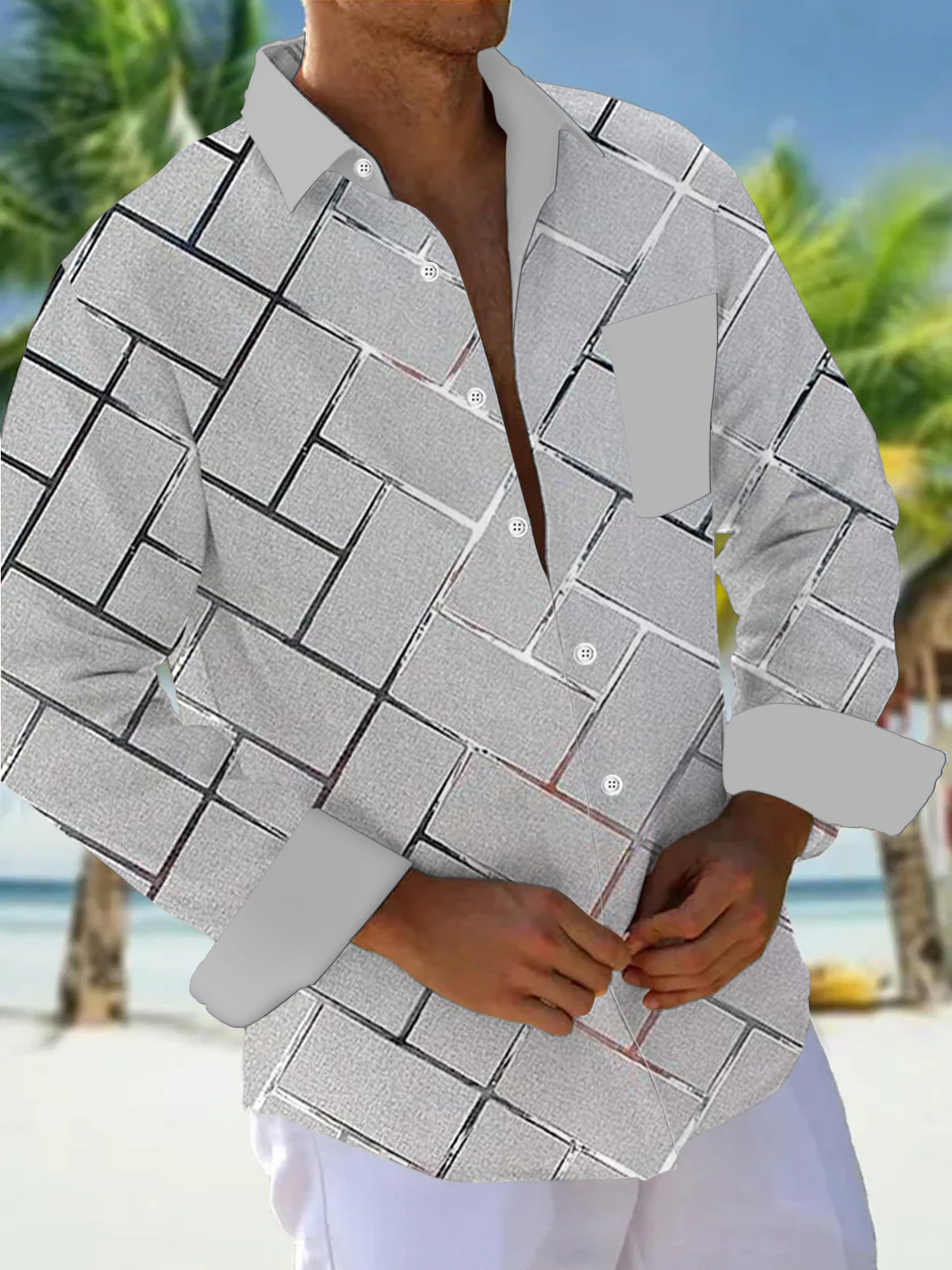men's geometric print shirt front view
