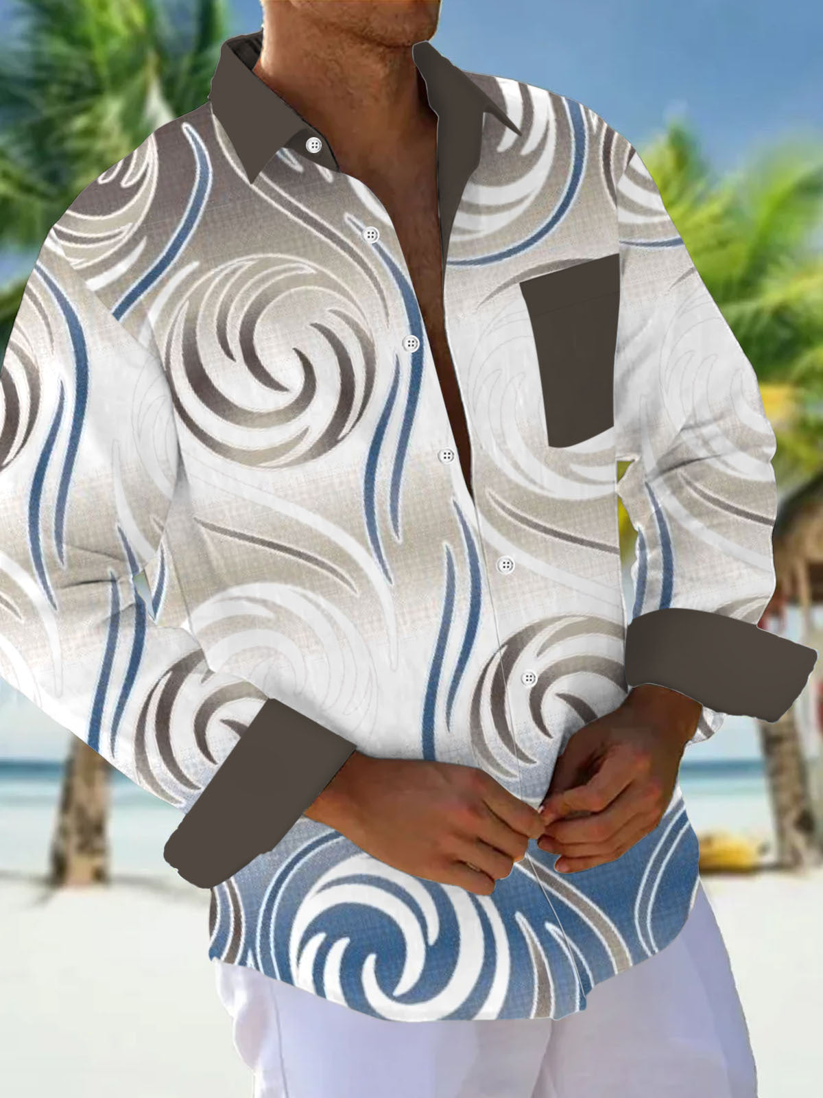 Men's abstract geometric gradient print long sleeve shirt front view