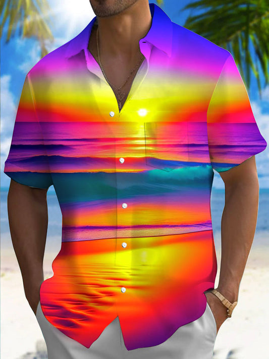 Adaychic Men's Hawaiian Tropical Sunset Ocean Gradient Print Short Sleeve Button Down Shirt with Chest Pocket