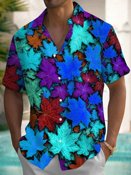 Adaychic Men's Colorful Maple Leaf Pattern Print Short Sleeve Button Down Shirt with Chest Pocket