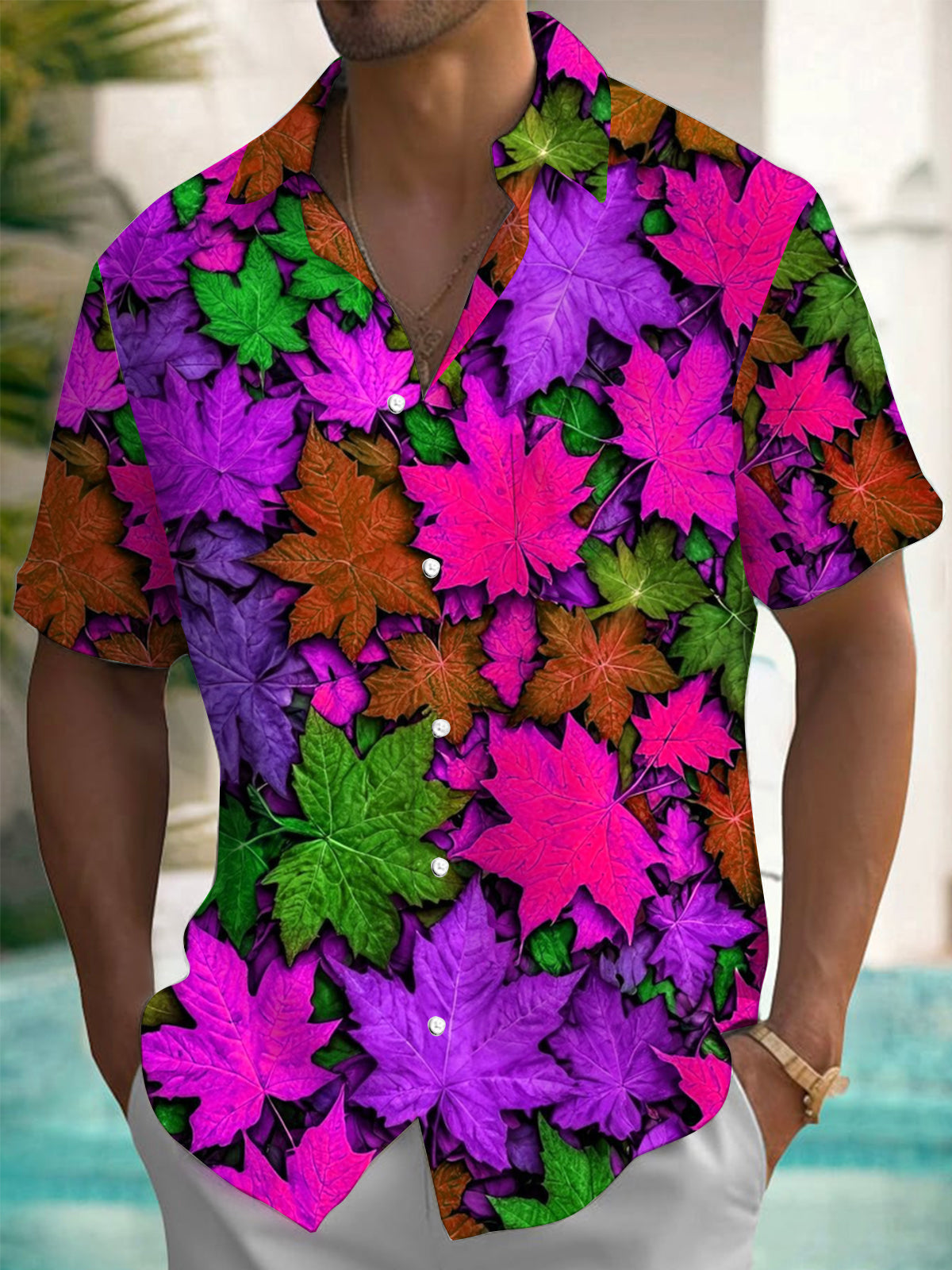 Adaychic Men's Colorful Maple Leaf Pattern Print Short Sleeve Button Down Shirt with Chest Pocket