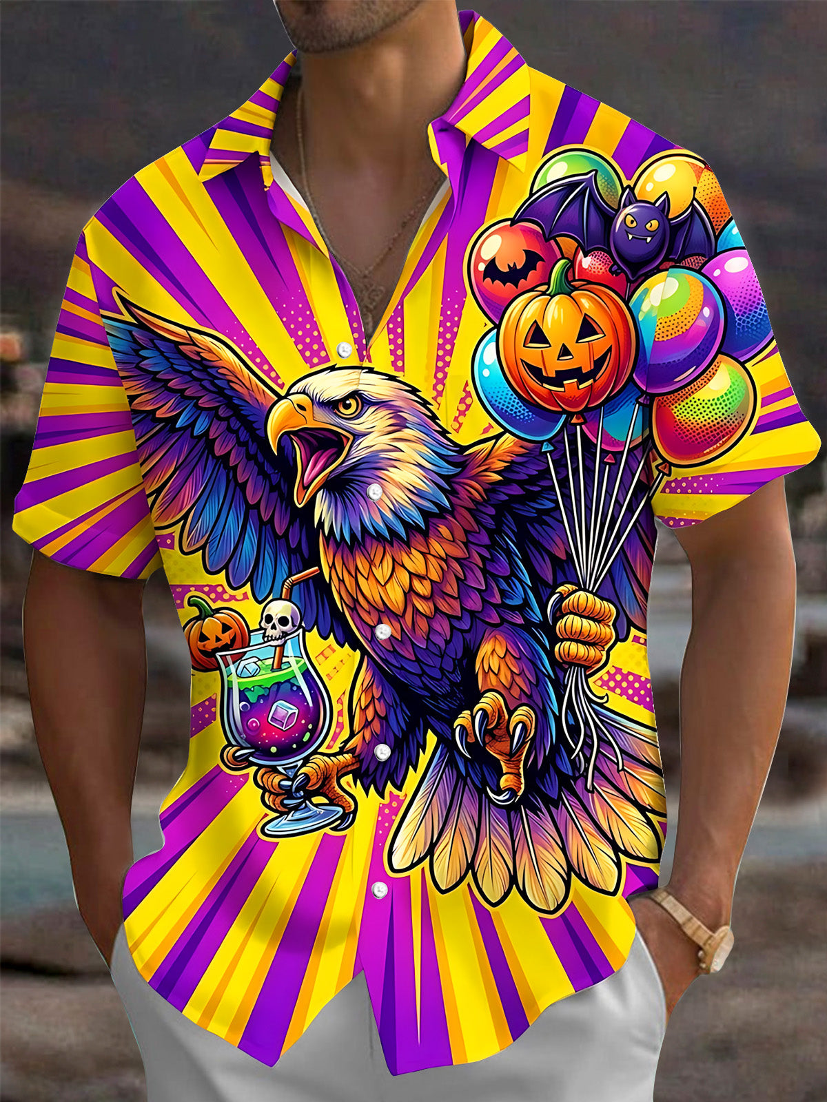 Adaychic Men's Short Sleeve Shirt - Eagle Holding Halloween Balloons And A Potion Drink Print with Chest Pocket