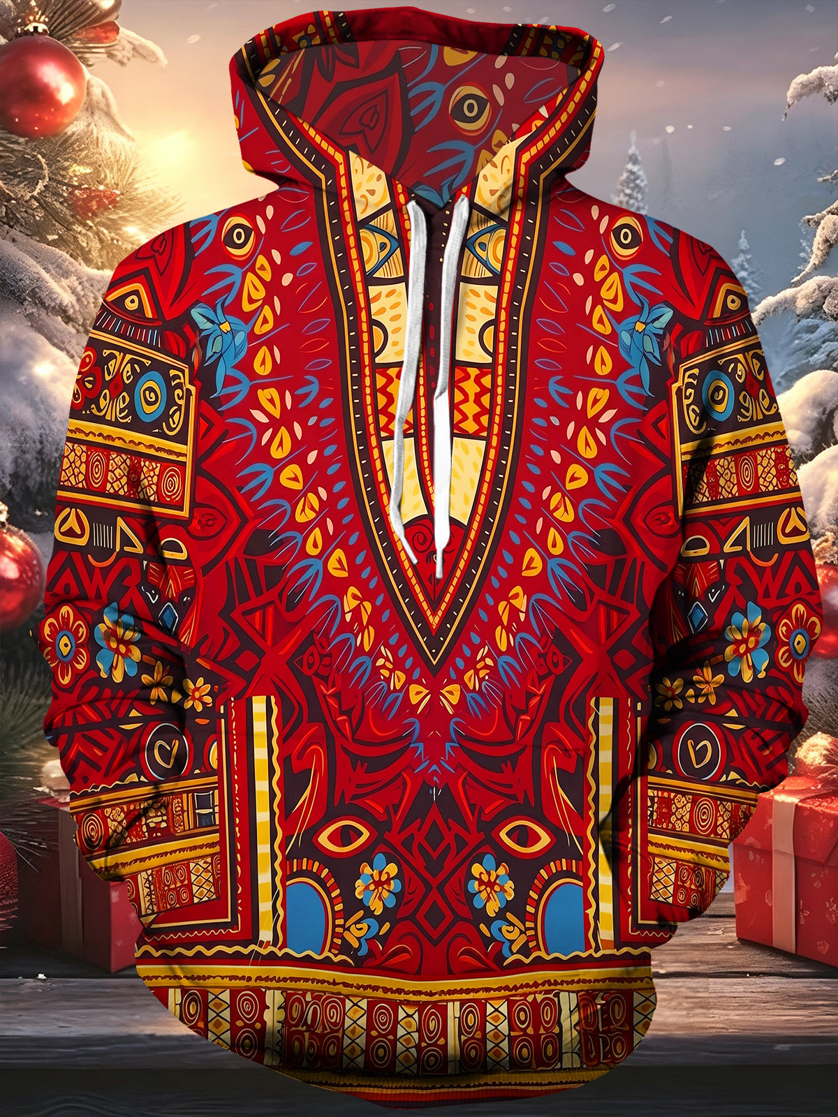 Adaychic Men's Geometric Totem Pattern With Floral Motifs Long Sleeve Hoodie