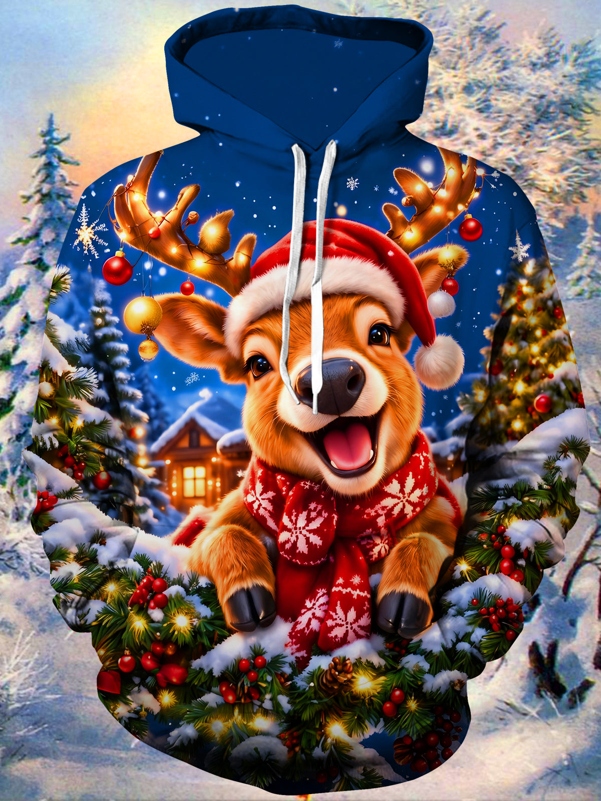 Adaychic Men's Long Sleeve Hoodie - Reindeer With Santa Hat And Christmas Ornaments Print