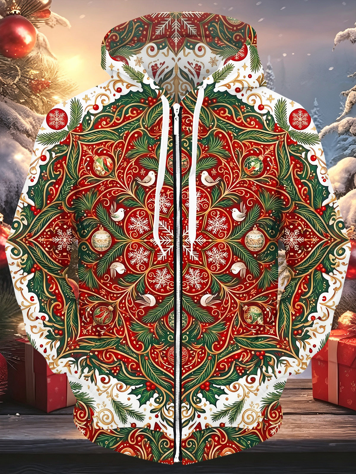 Adaychic Men's Long Sleeve Zip-Up Hoodie - Christmas Dove And Snowflake Pattern With Ornaments
