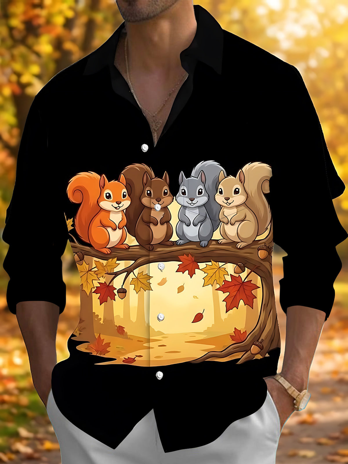 Adaychic Men's Long Sleeve Shirt - Autumn Squirrels On Branch With Leaves And Acorns Print with Chest Pocket