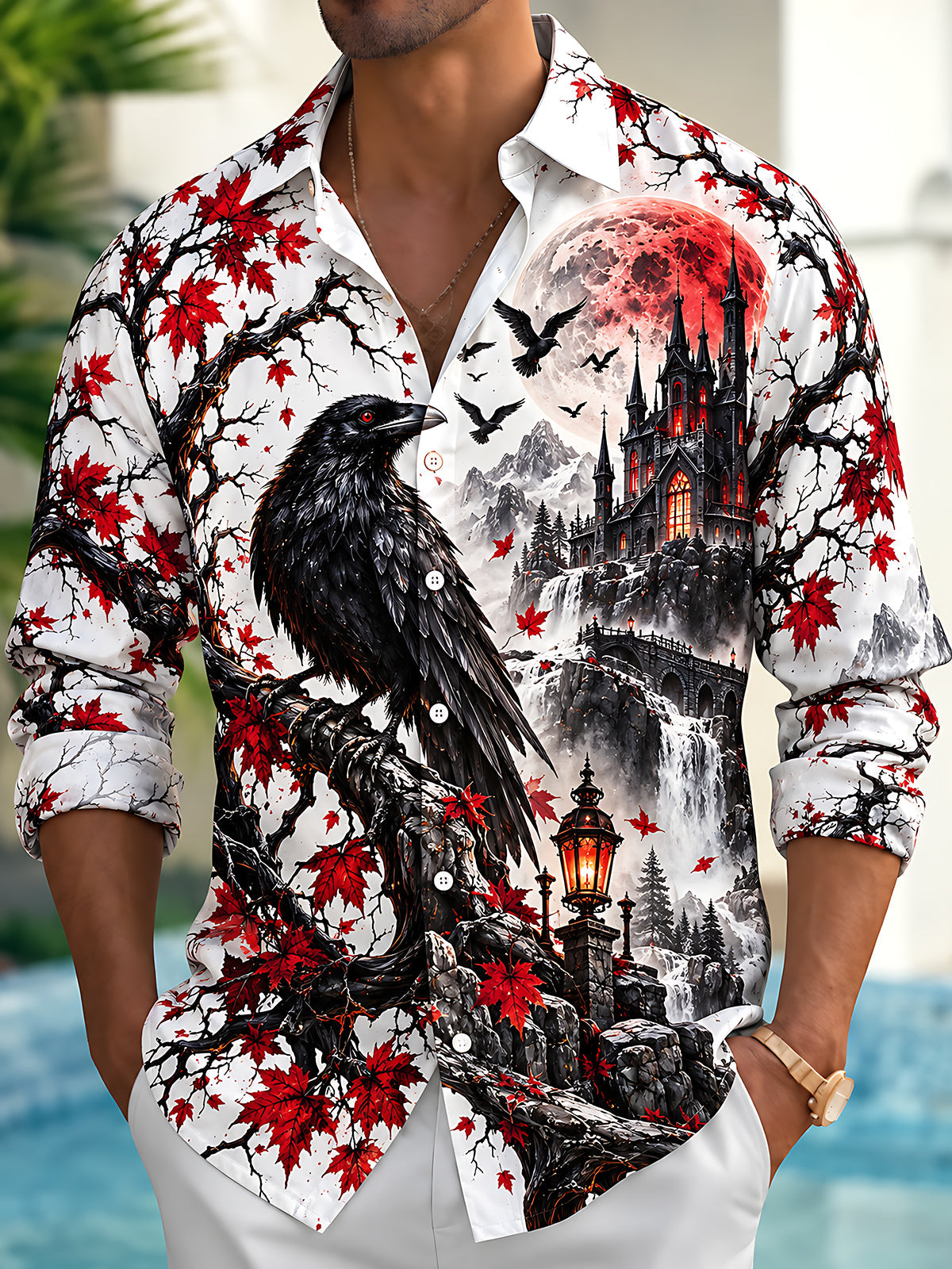Adaychic Men's Graphic Halloween Crow Print Long Sleeve Shirt with Chest Pocket