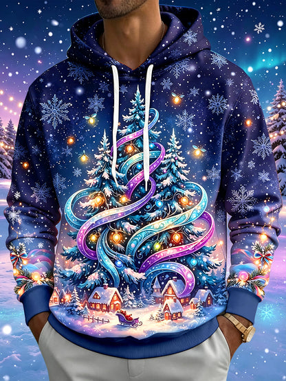 Adaychic Men's Christmas Tree And Winter Village Print Long Sleeve Hoodie