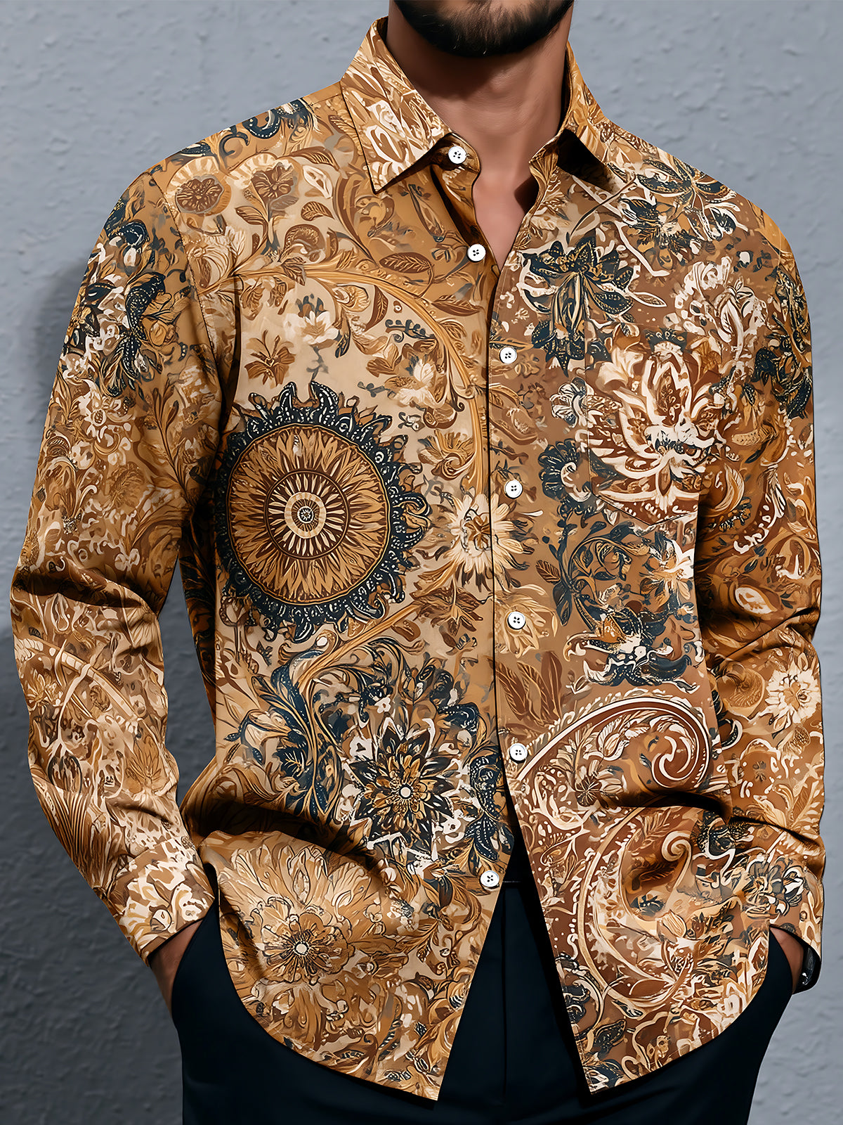 Adaychic Men's Paisley And Floral Medallion Print Long Sleeve Shirt with Chest Pocket