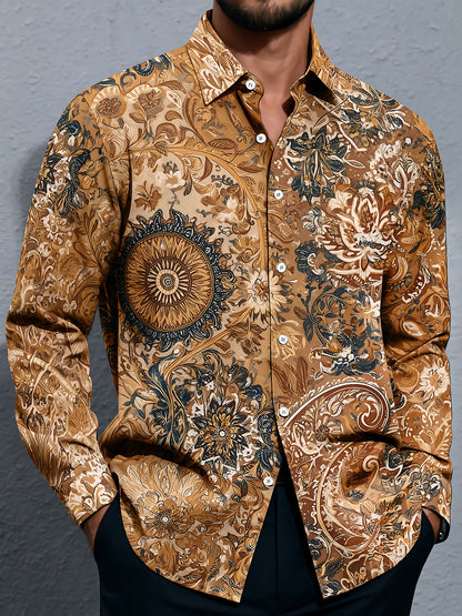 Adaychic Men's Paisley And Floral Medallion Print Long Sleeve Shirt with Chest Pocket