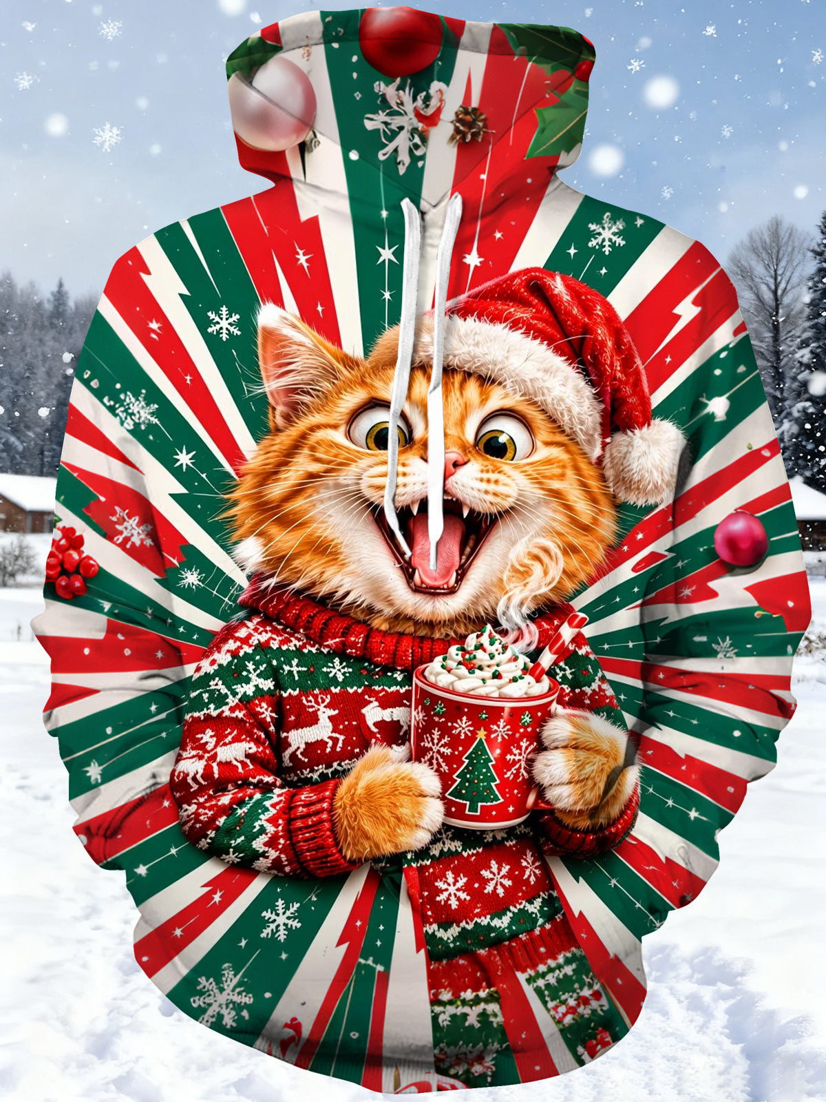 Adaychic Men's Christmas Cat In Sweater With Hot Cocoa Print Long Sleeve Hoodie