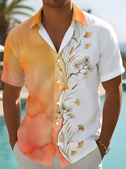 Adaychic Men's Hawaiian Ink Ginkgo And Pine Branches Print Short Sleeve Shirt with Chest Pocket