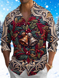 Adaychic Men's Printed Christmas Bells And Foliage Print Long Sleeve Shirt with Chest Pocket